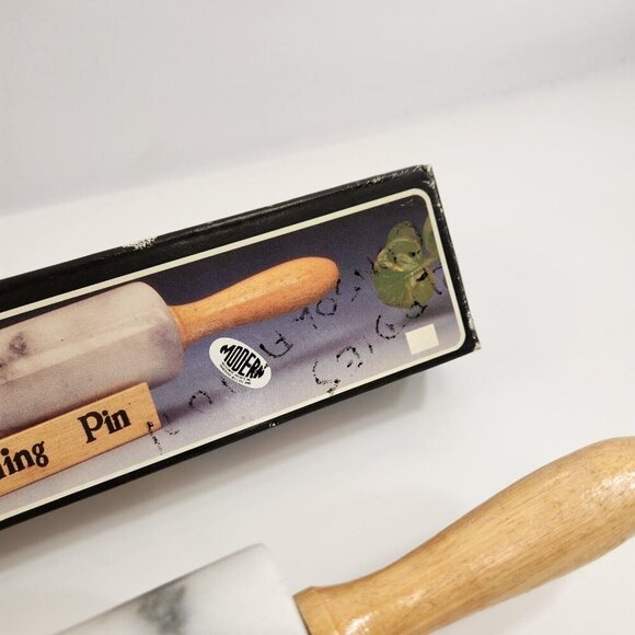 White Marble Rolling Pin Wooden Handles & Stand Gourmet Vintage Boxed - Picture 9 of 11